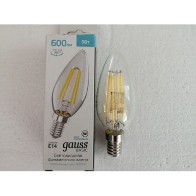 Лампа Gauss Basic Filament Свеча 5W 600lm 4000K E14 LED 1/10/50;