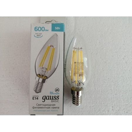 Лампа Gauss Basic Filament Свеча 5W 600lm 4000K E14 LED 1/10/50;