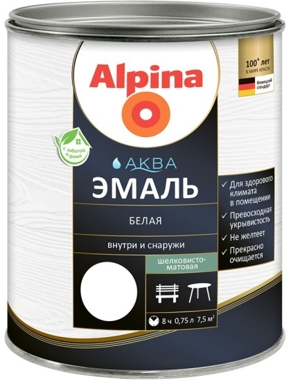 Эмаль акриловая водно-дисперсионная Alpina Аква эмаль белая шелковисто-матовая  0,9л/1,10кг